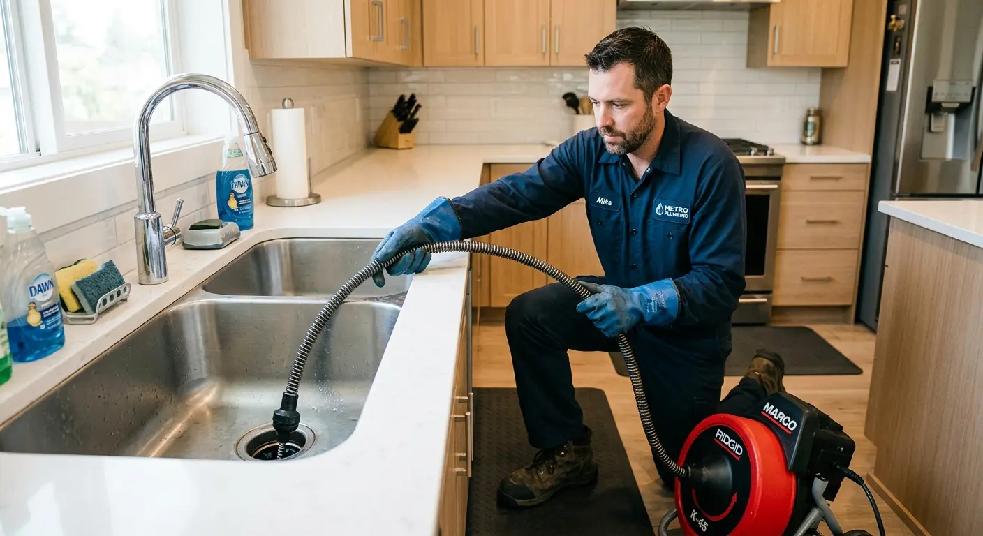Drain cleaning technician using a motorized snake on a kitchen sink in Riviera Beach