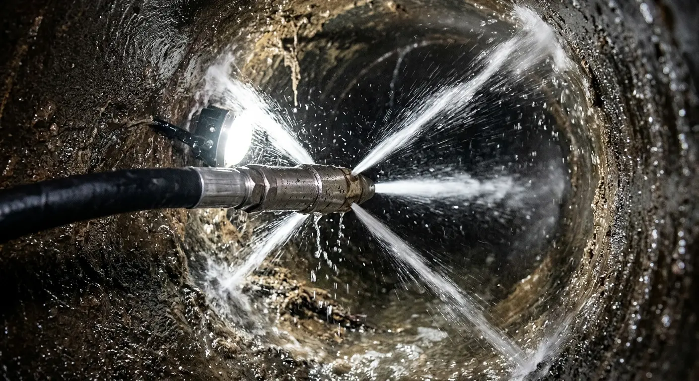 High-pressure hydro jetting nozzle cleaning sewer pipe for Emergency Drain Service in Riviera Beach