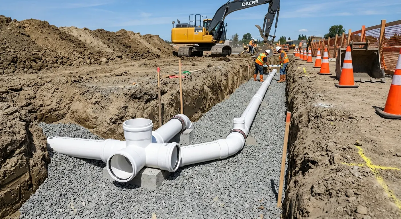 New PVC sewer pipe installation in open trench for Sewer Backup in Riviera Beach