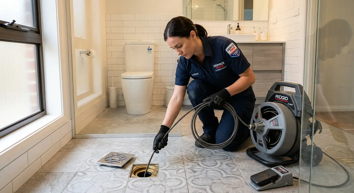 Technician clearing a bathroom floor drain for Drain Repair in Riviera Beach